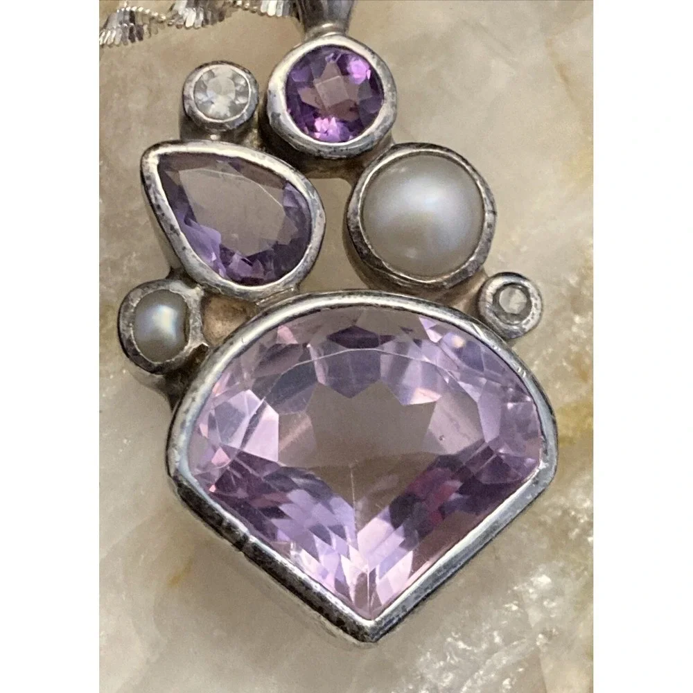 Vintage‎ STARBORN Amethyst Pearl Pendant Sterling Silver 16'' Necklace Abstract